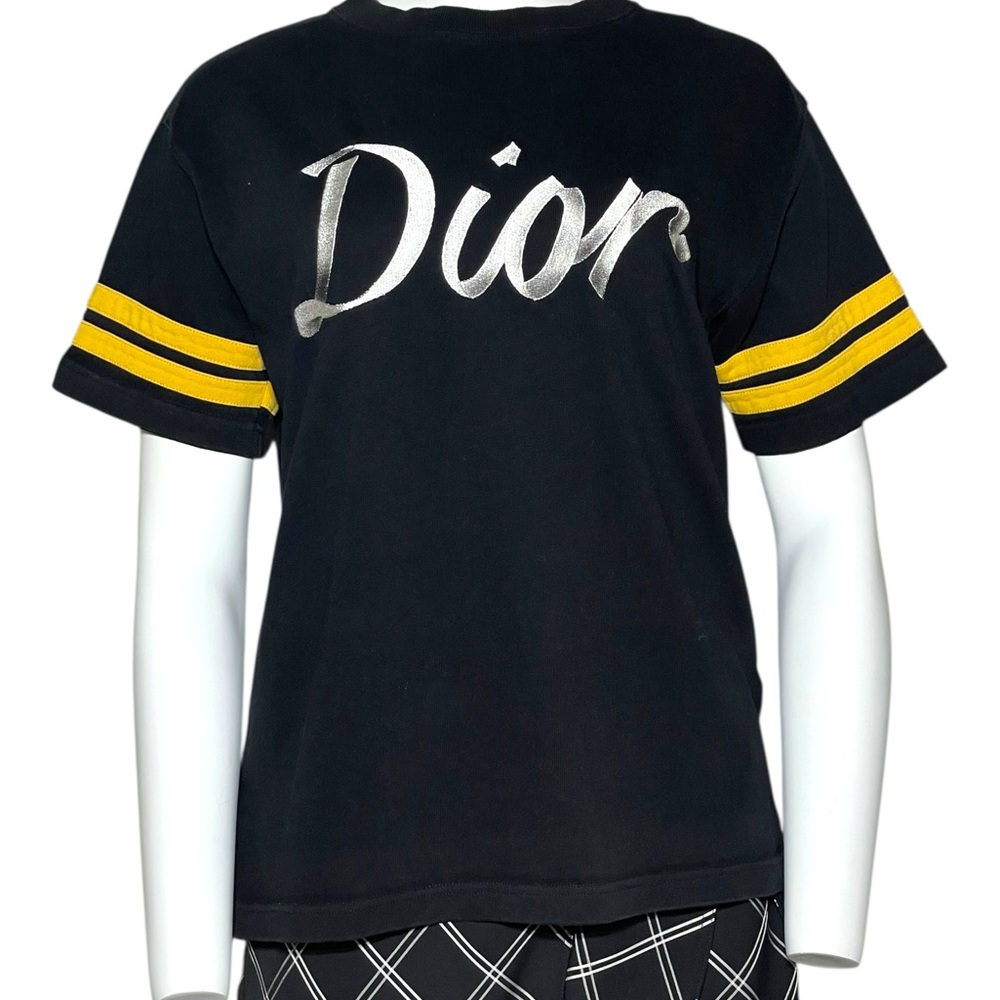 Dior Black Tee with Yellow Stripes and Silver Logo